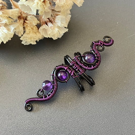 Black and purple big ear cuff with amethyst
