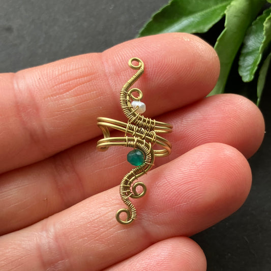 KOMOREBI brass pearl and green onyx ear cuff