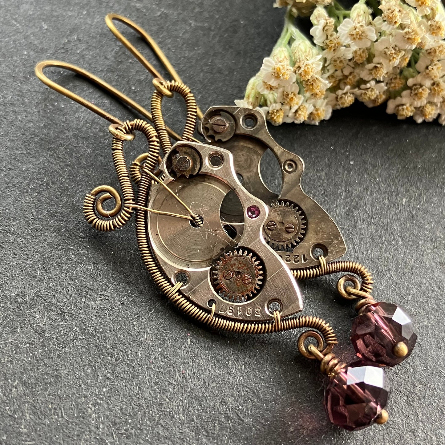 REINA steampunk brass clockwork and purple earrings