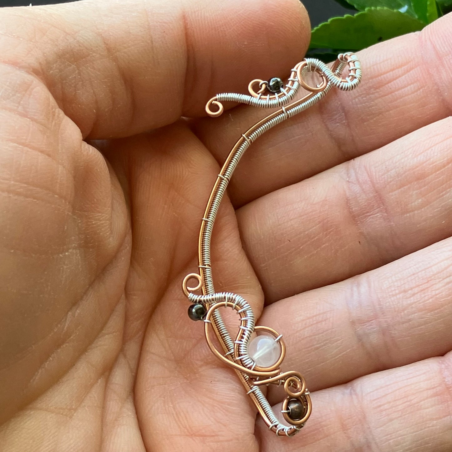 Wildflower copper and silver plated ear wrap with rose quartz