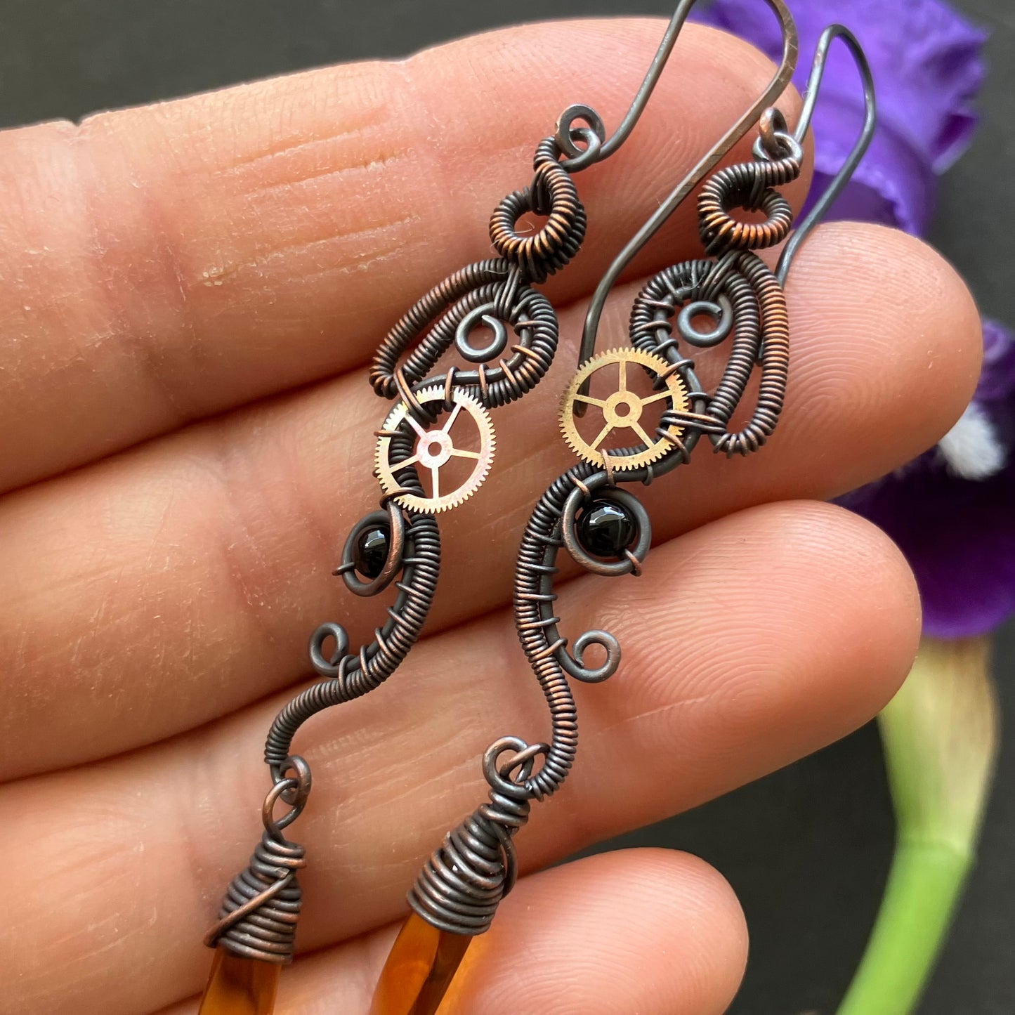 Copper black orange steampunk earrings