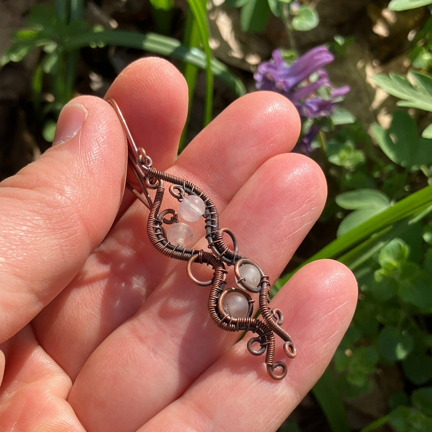 Copper rose quartz earrings