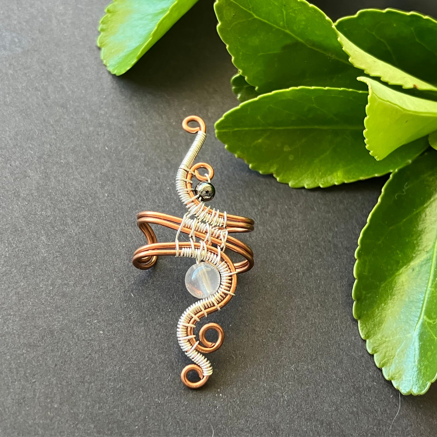 Wildflower copper silverplated rose quartz ear cuff