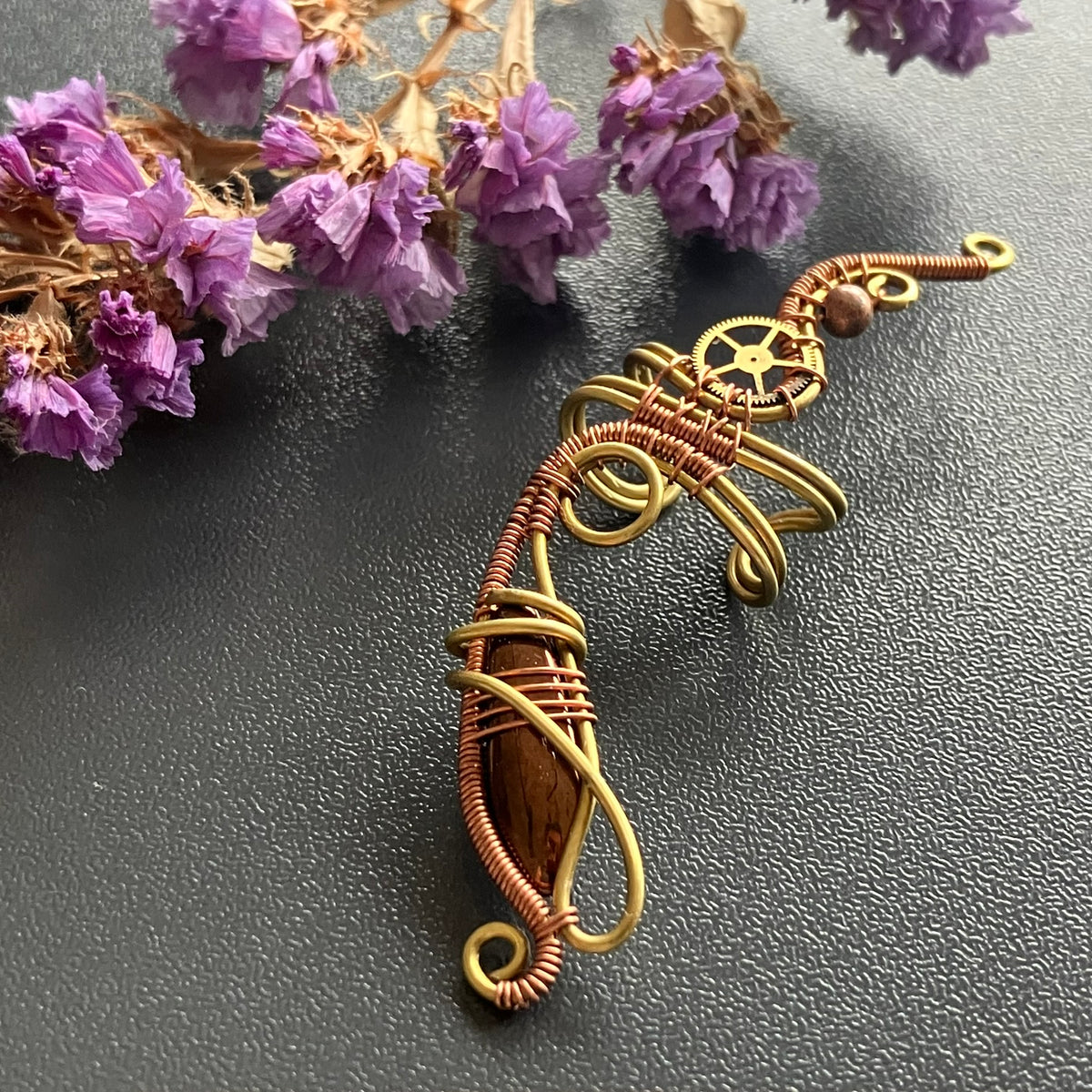 Copper and brass big steampunk ear cuff with brown