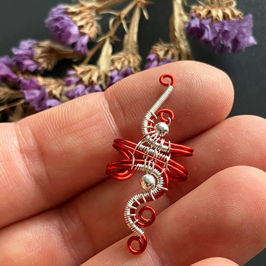 Winter Heart - red and silver ear cuff