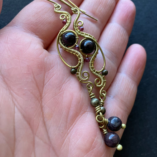 REINA brass and garnet long earringsi