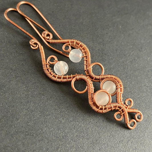 copper rose quartz earrings