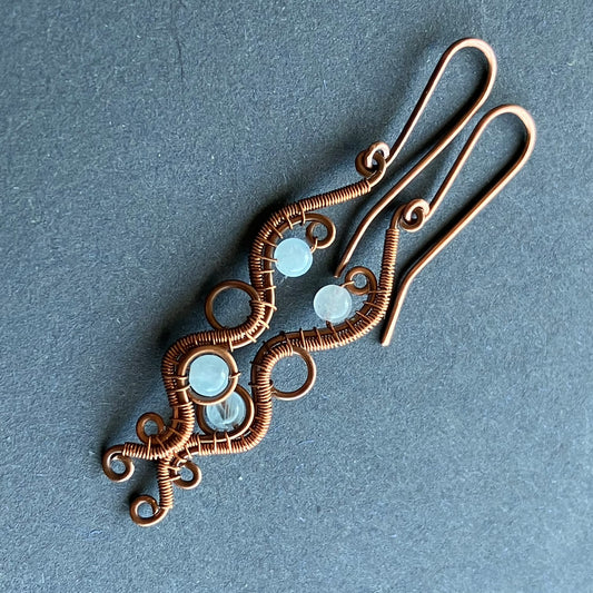 copper earrings with aquamarine beads