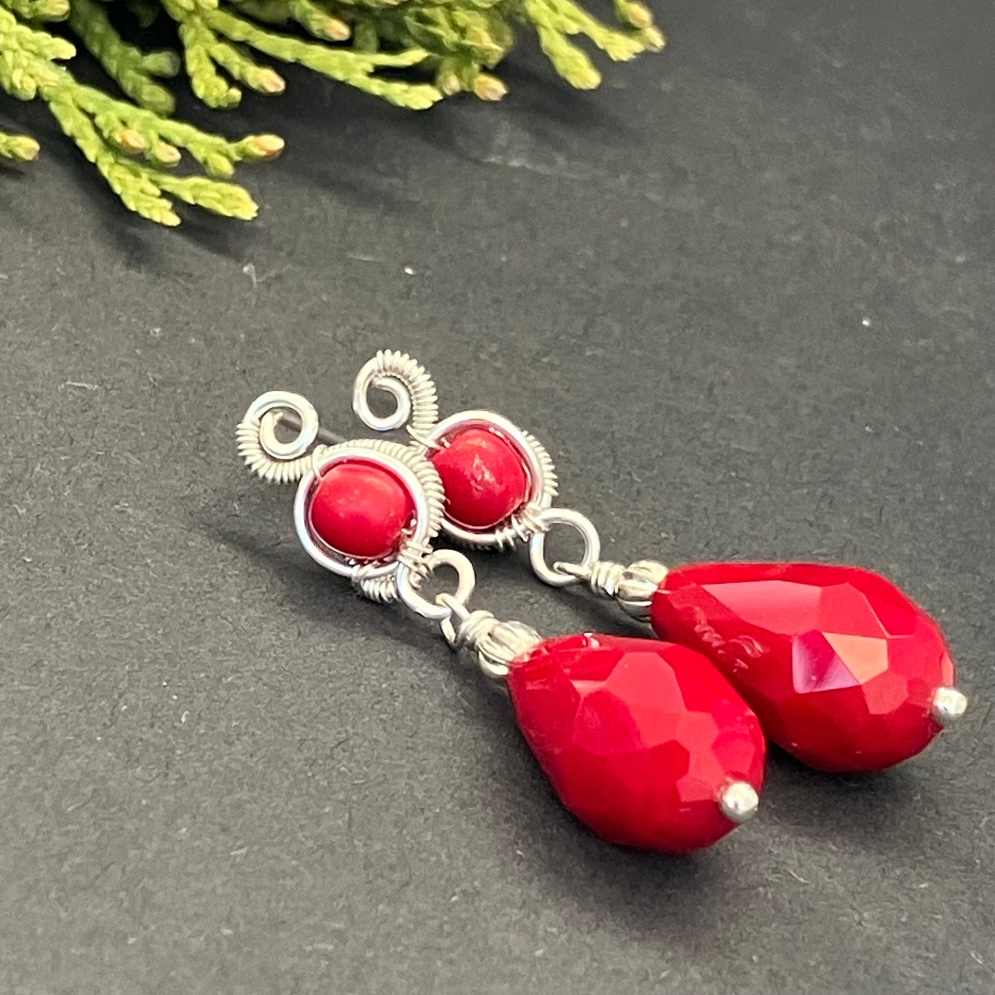 Winter Heart - silver plated red droplet earring