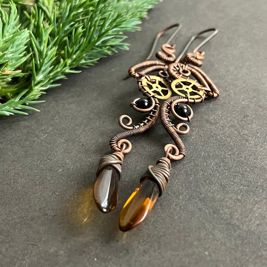PHOENIX copper orange and black steampunk earrings
