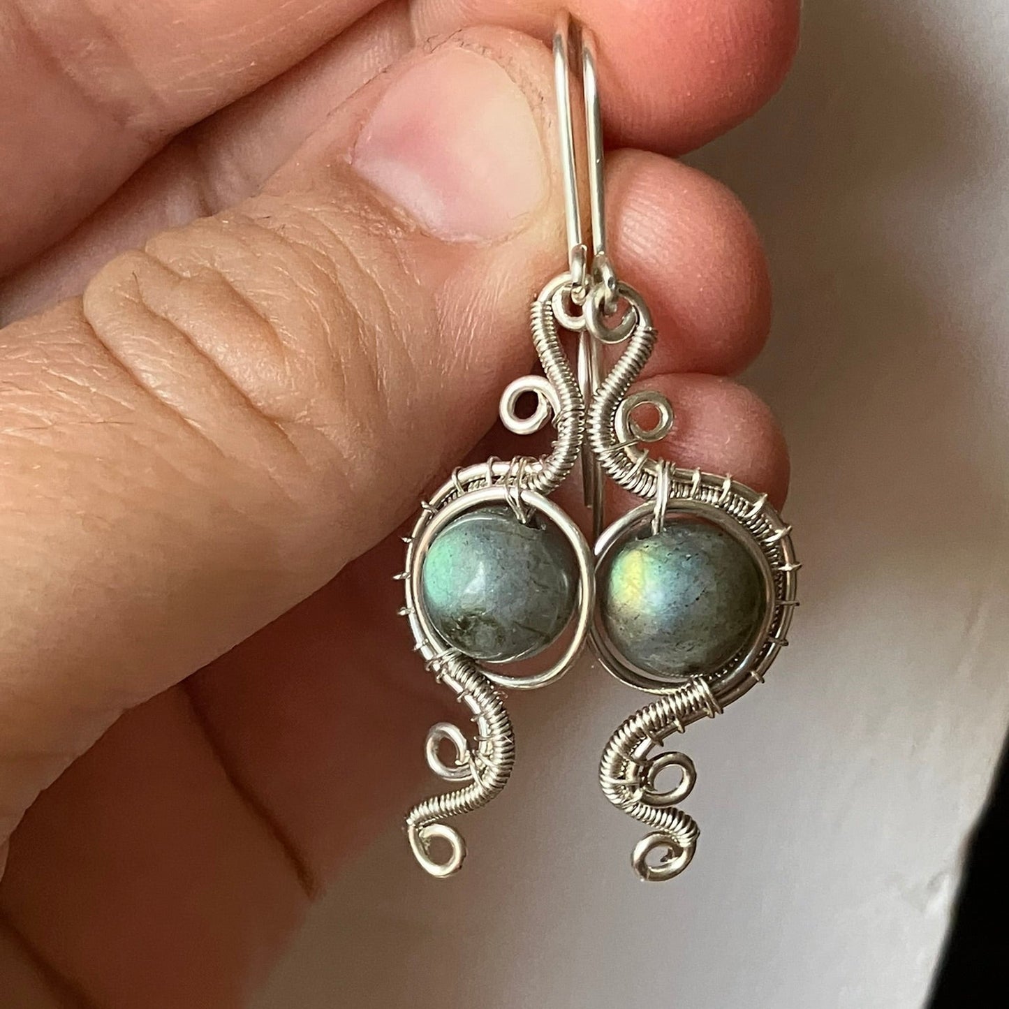925 Sterling Silver wire-wrapped earrings with Labradorite stones