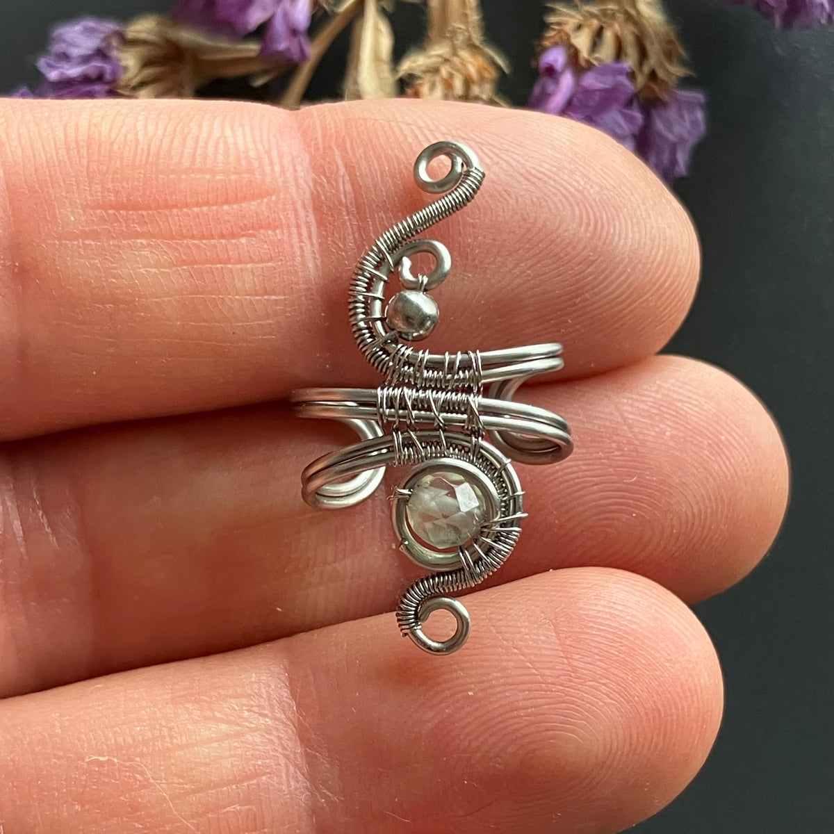 Stainless steel and prehnit wire wrapped no piercing ear cuff