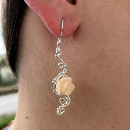 silver rose earrings