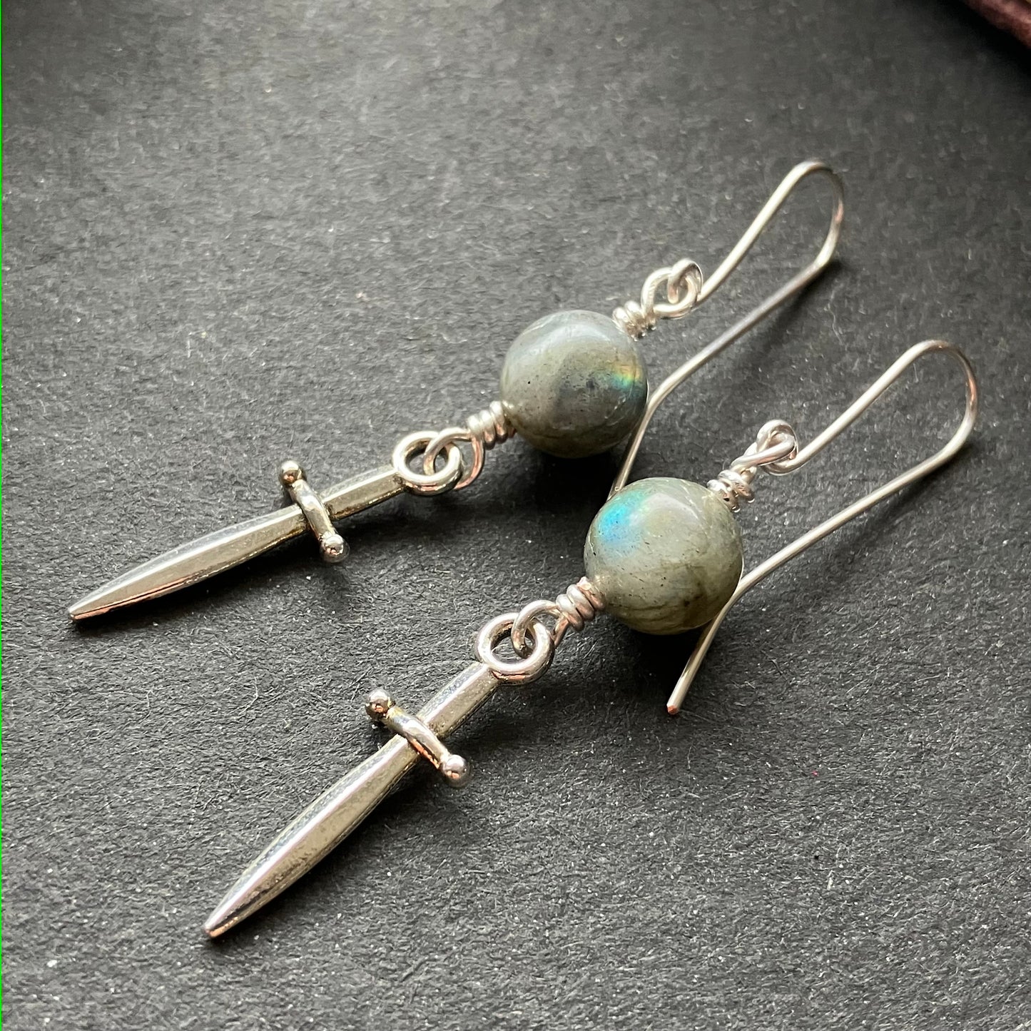 Silverplated sword earrings with labradorite