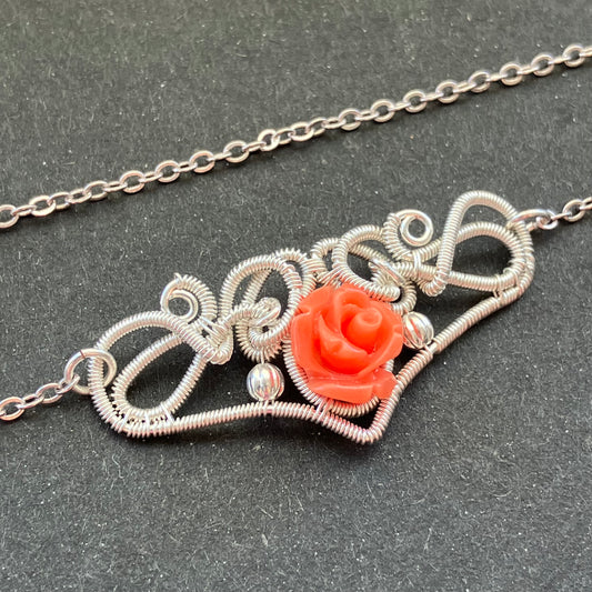 Last of Glass - silverplated orange rose necklace