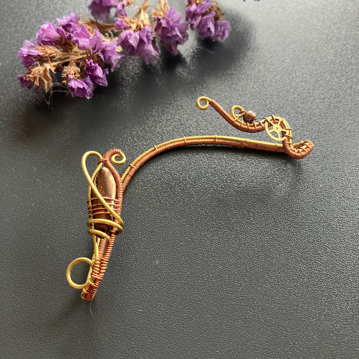 Copper and brass steampunk ear wrap with brown