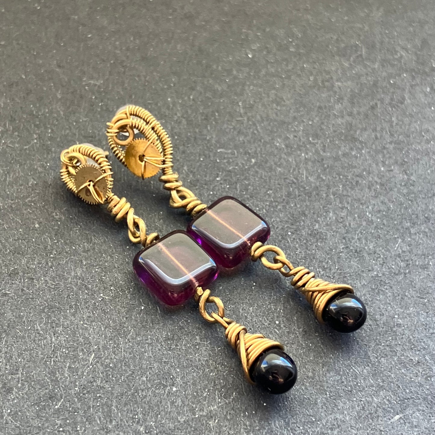 Last of Glass - brass steampunk earrings with glass beads