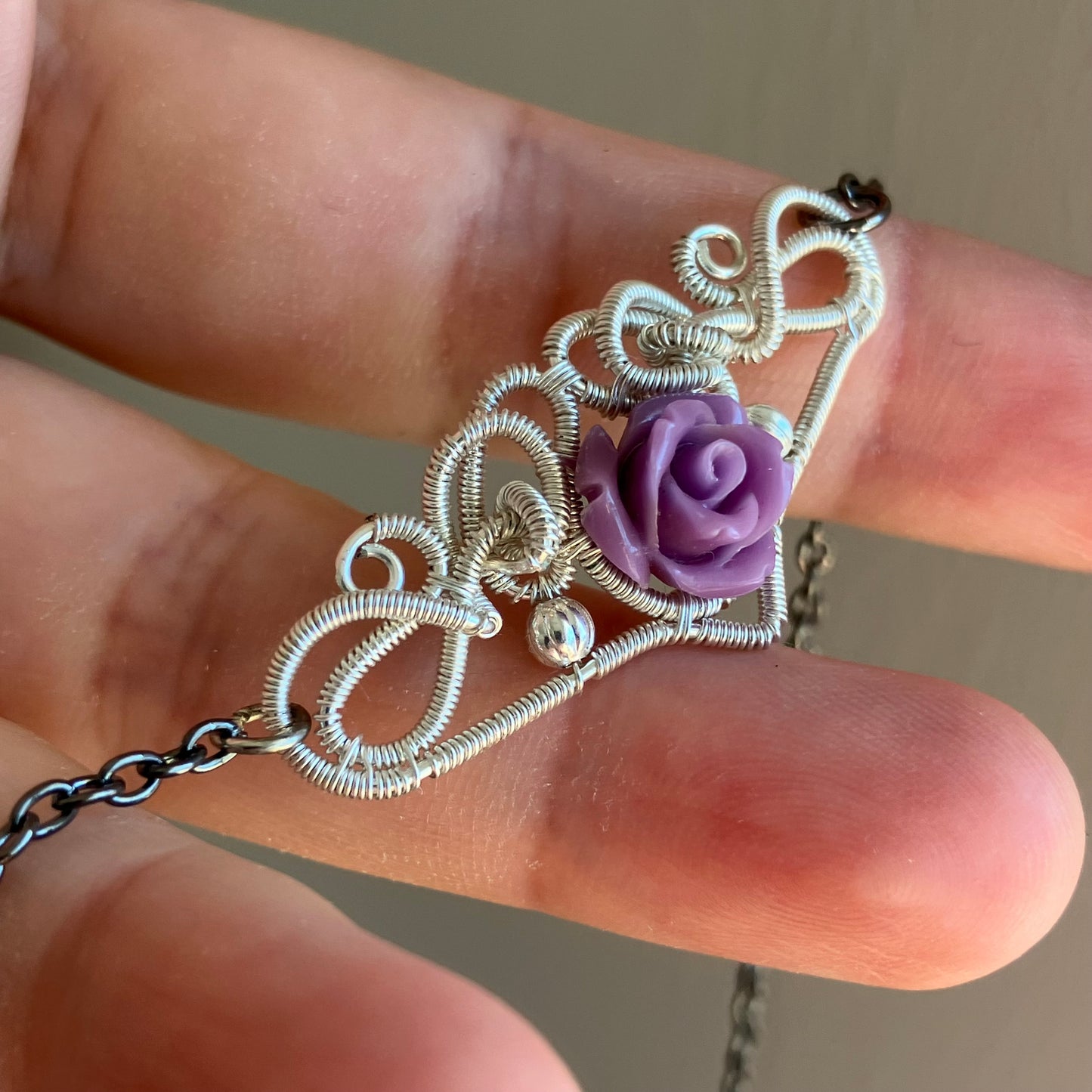 Last of Glass - silver plated and purple rose necklace