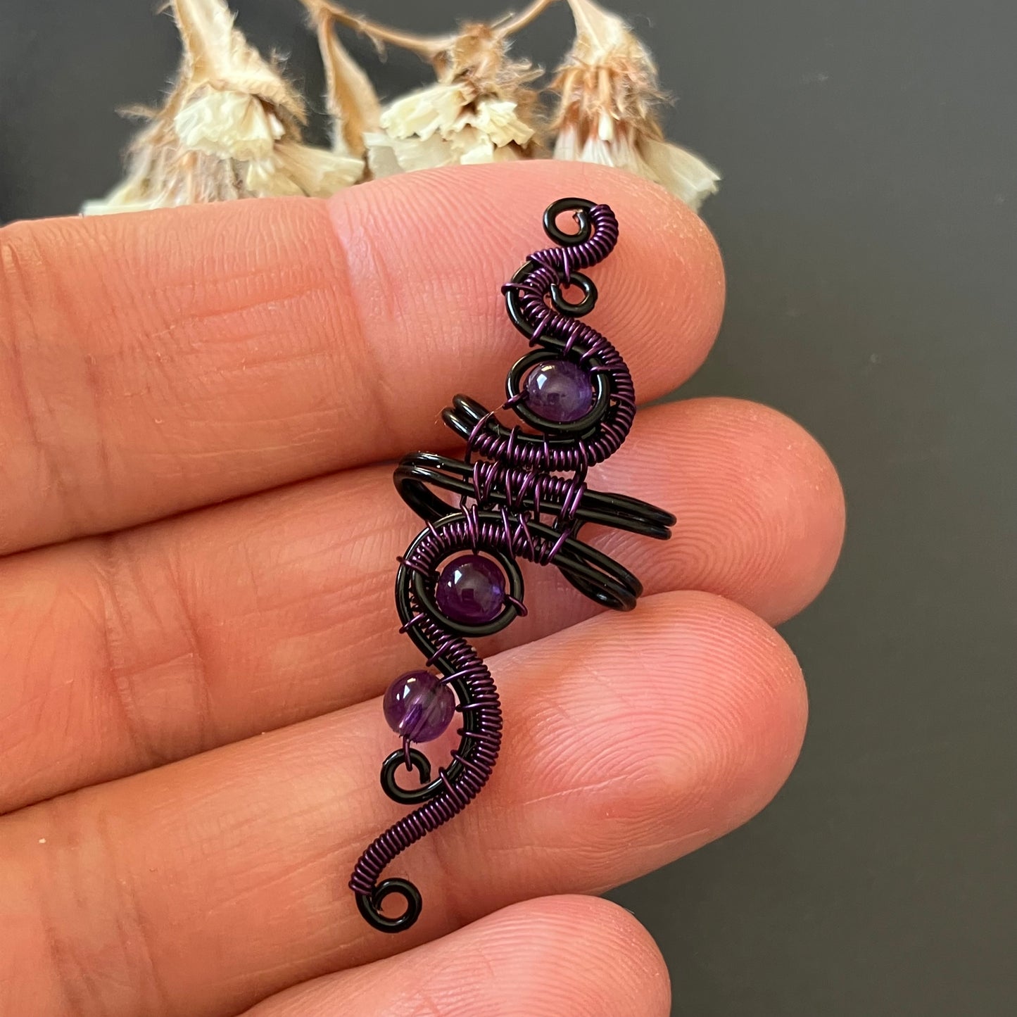 Black and purple big ear cuff with amethyst