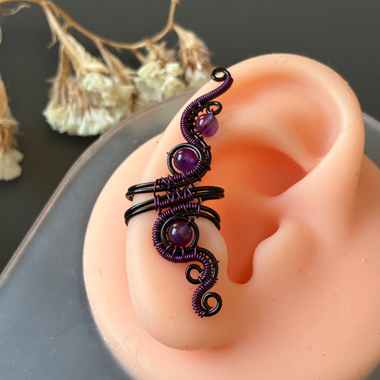 Black and purple big ear cuff with amethyst