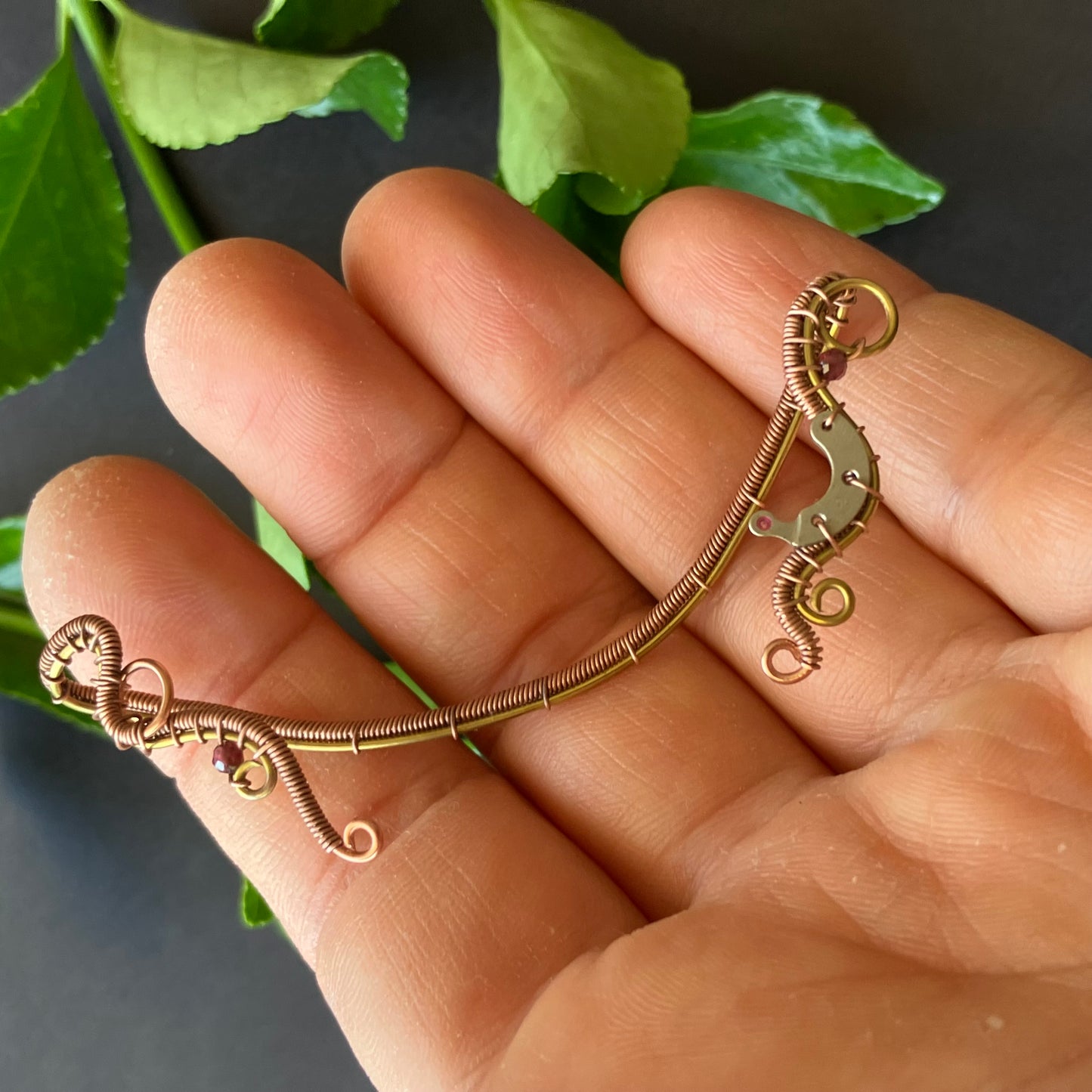 Brass and copper steampunk ear wrap with garnet