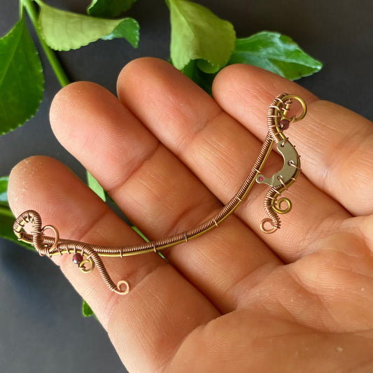 Brass and copper steampunk ear wrap with garnet