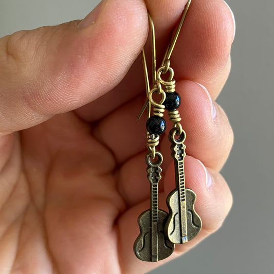 Brass onyx earrings with guitar