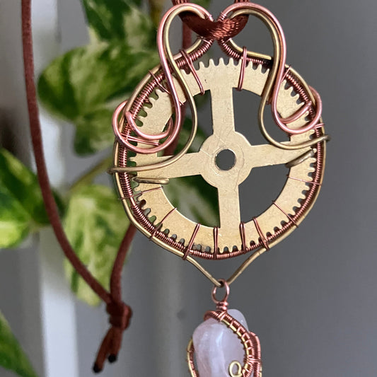 Copper brass unique pendant with rose quartz and cogwheel