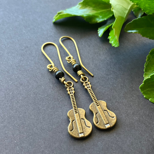 Brass onyx earrings with guitar