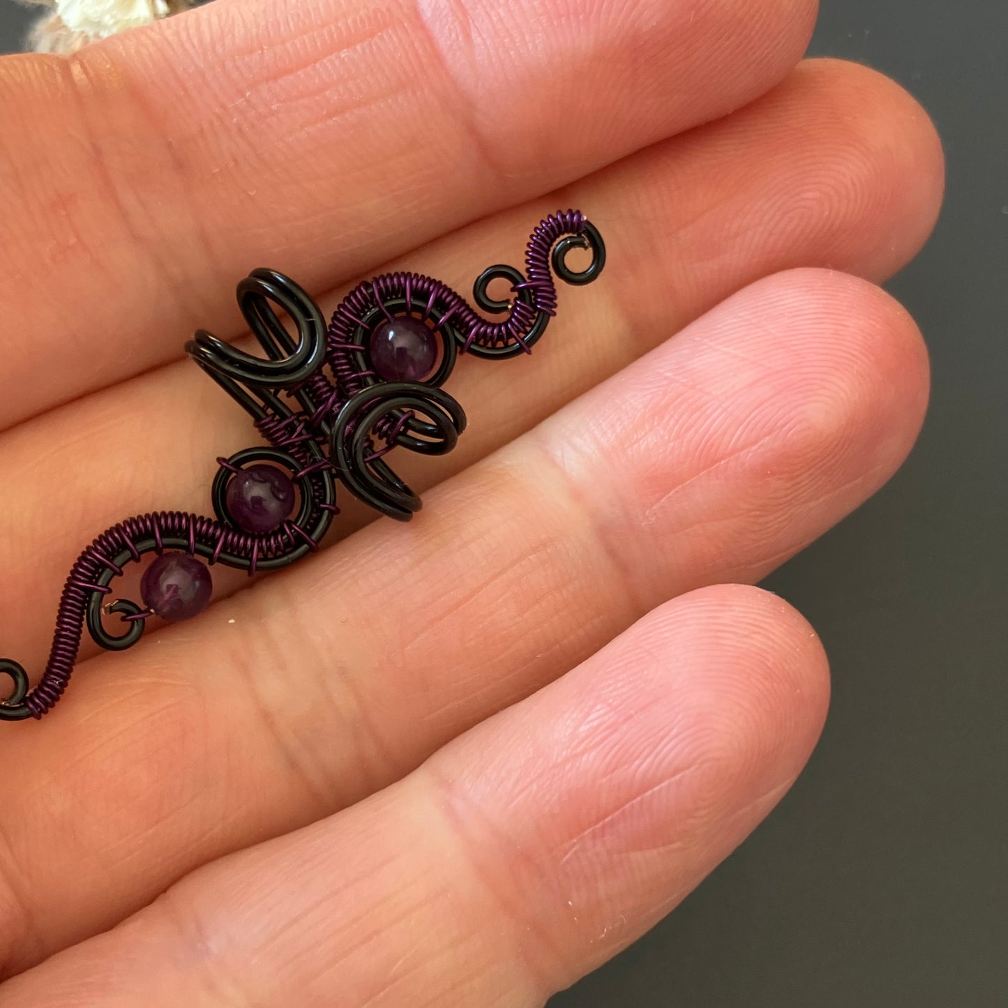 Black and purple big ear cuff with amethyst