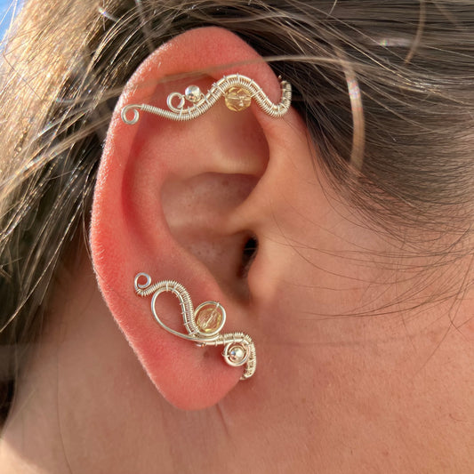 Last of Glass - silver plated ear wrap with yellow beads