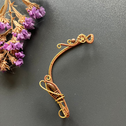 Copper and brass steampunk ear wrap with brown