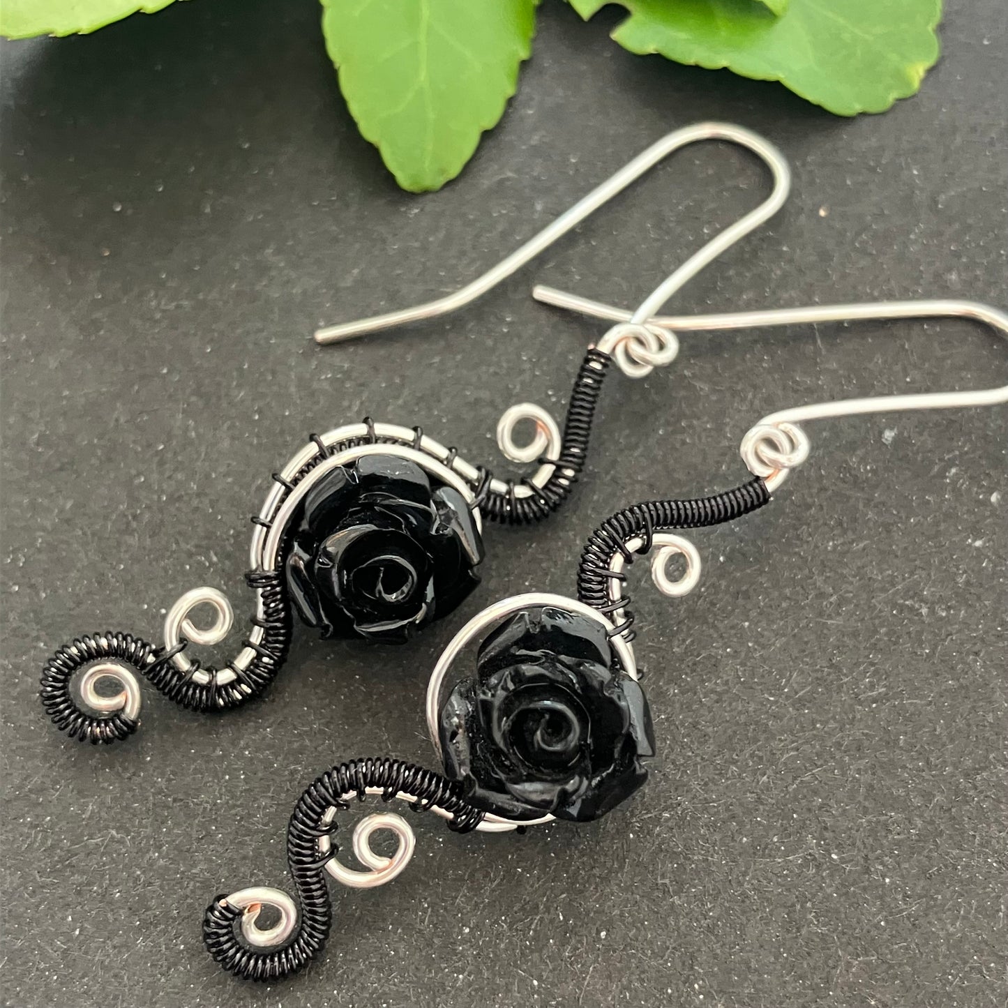 Silverplated and black rose earrings