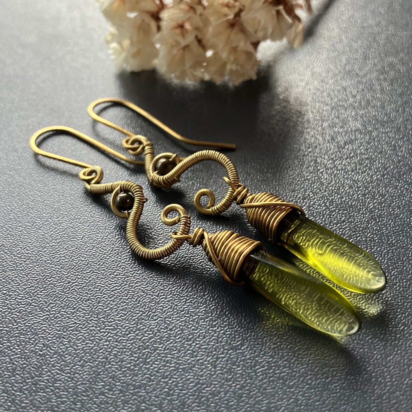 Brass and olive green earrings