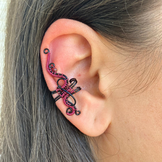 Black and pink garnet big ear cuff