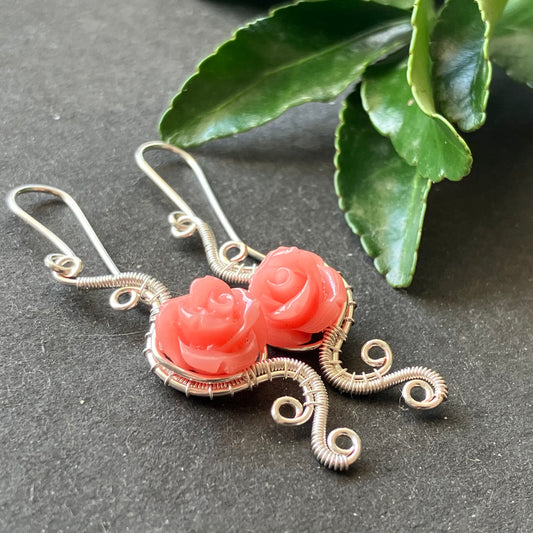 Last of Glass - silverplated pink rose earrings