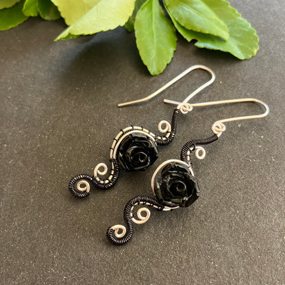 Silverplated and black rose earrings