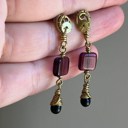 Last of Glass - brass steampunk earrings with glass beads