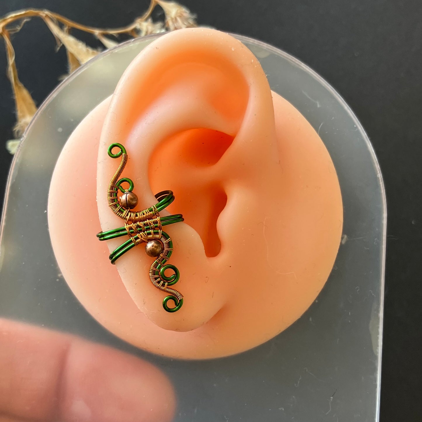 Green and copper ear cuff