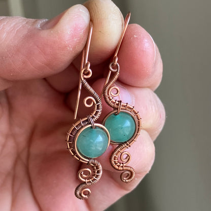 Wire wrapped long copper earrings with green aventurine gemstones