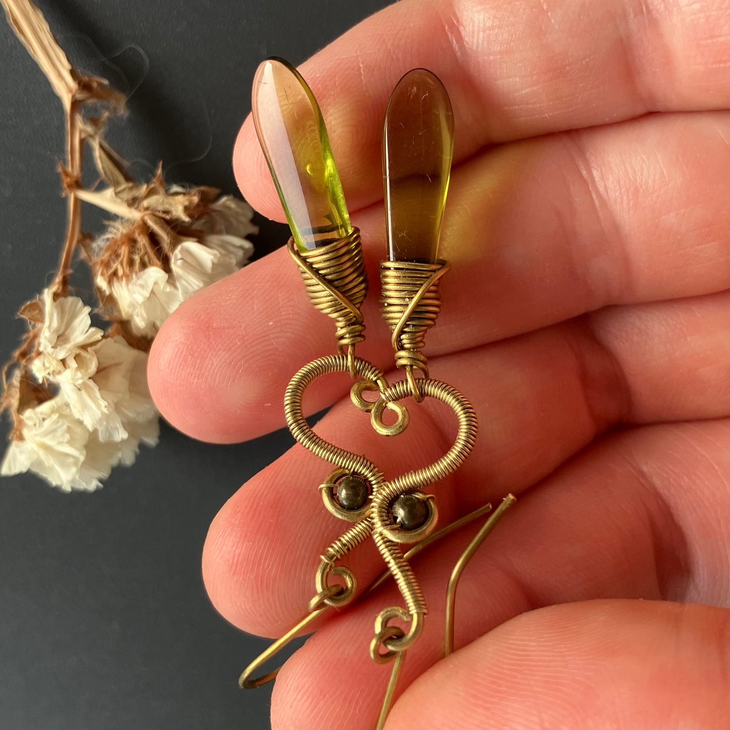 Brass and olive green earrings