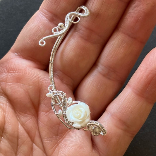 Silverplated white rose and pearl ear wrap