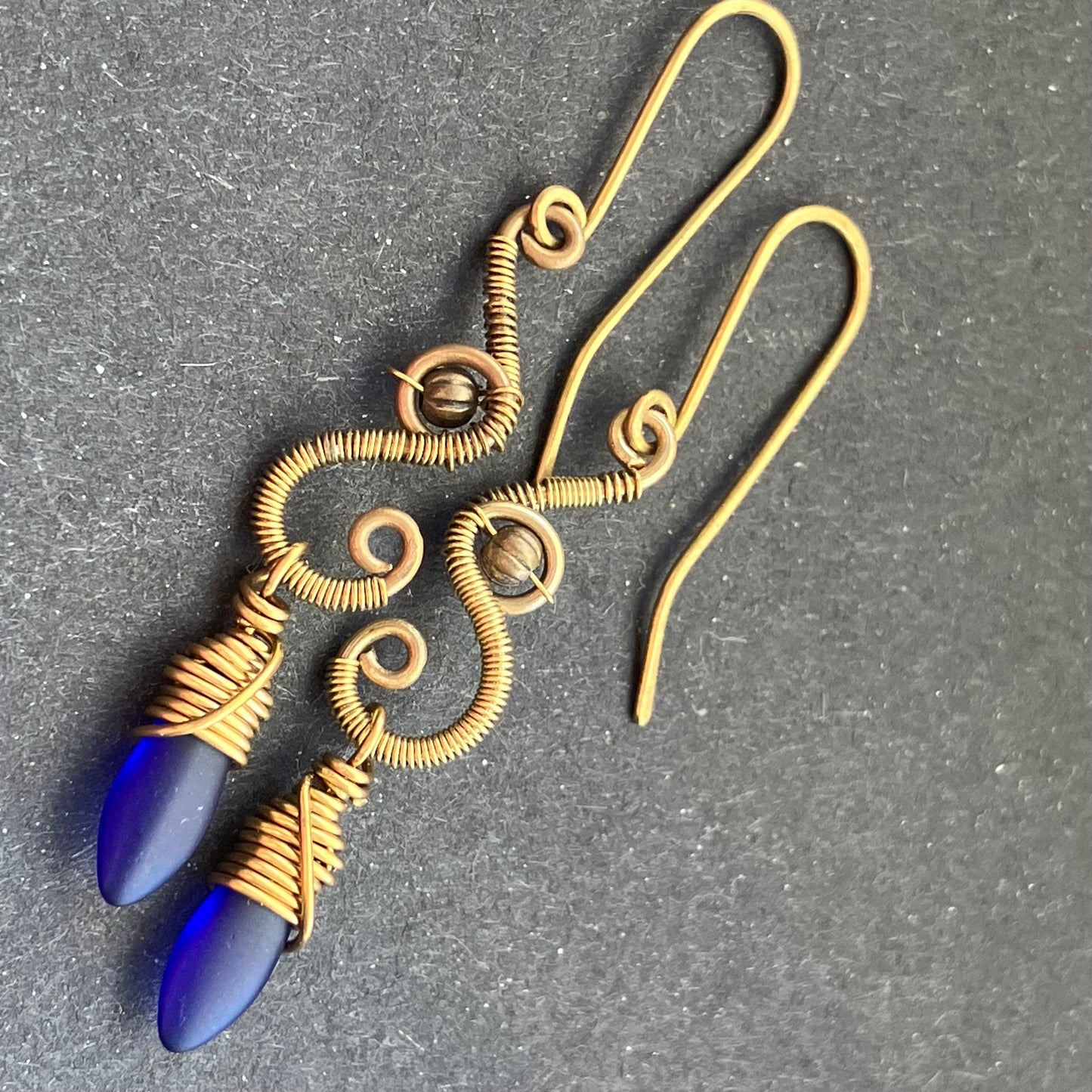 Last of Glass - brass and blue earrings