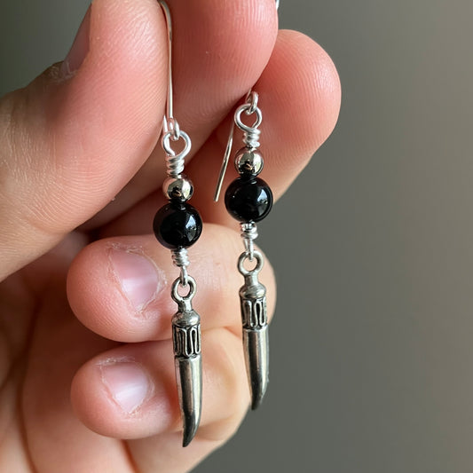 Silver plated black turmalin earrings with metal fang