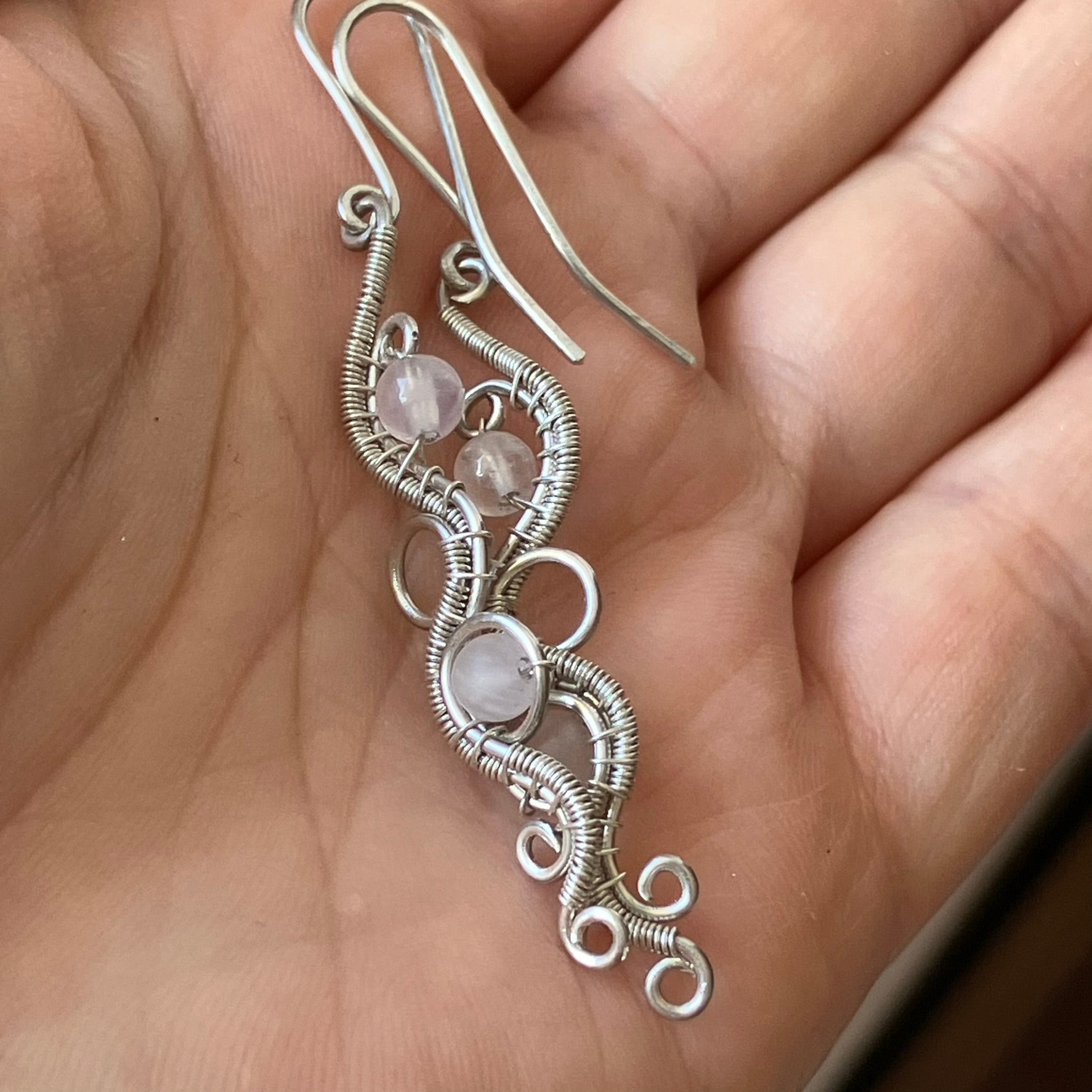 925 sterling silver wire wrapped earrings with rose quartz