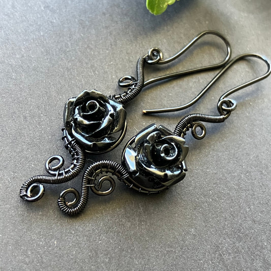 NEW black rose earrings