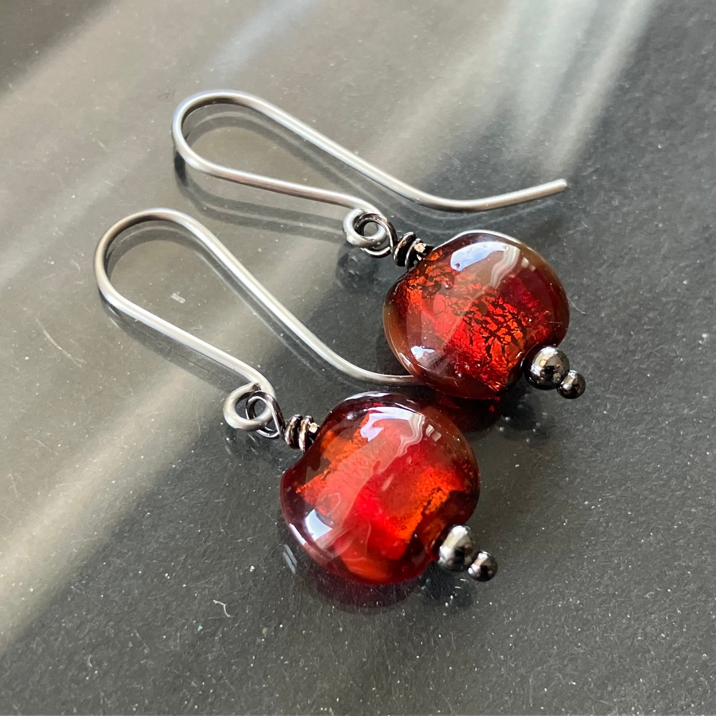 red glass earrings with stainless steel ear wire