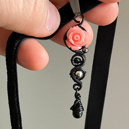 Pink rose black choker