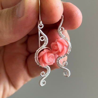 Last of Glass - silverplated pink rose earrings
