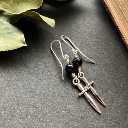 Silverplated sword earrings with onyx